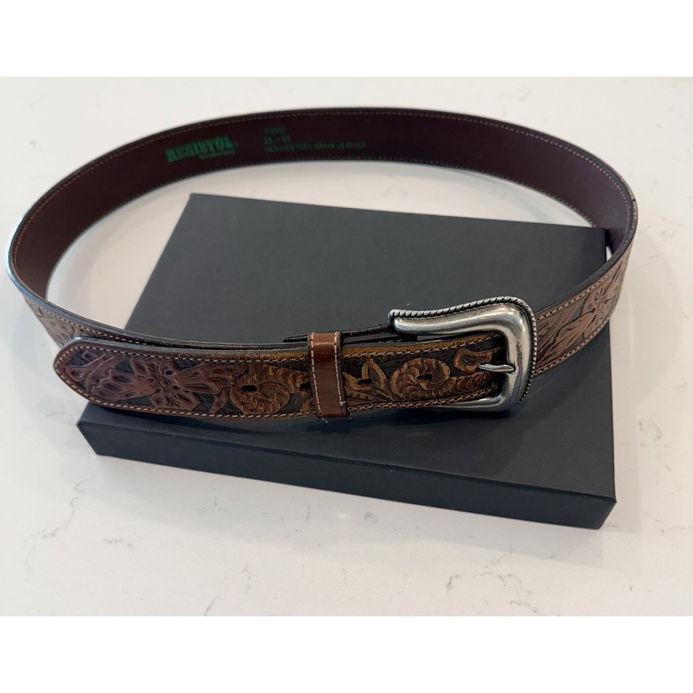 Resistol Men's Brown Tooled Floral Western Belt 43002 Adjustable Buckle Size 38